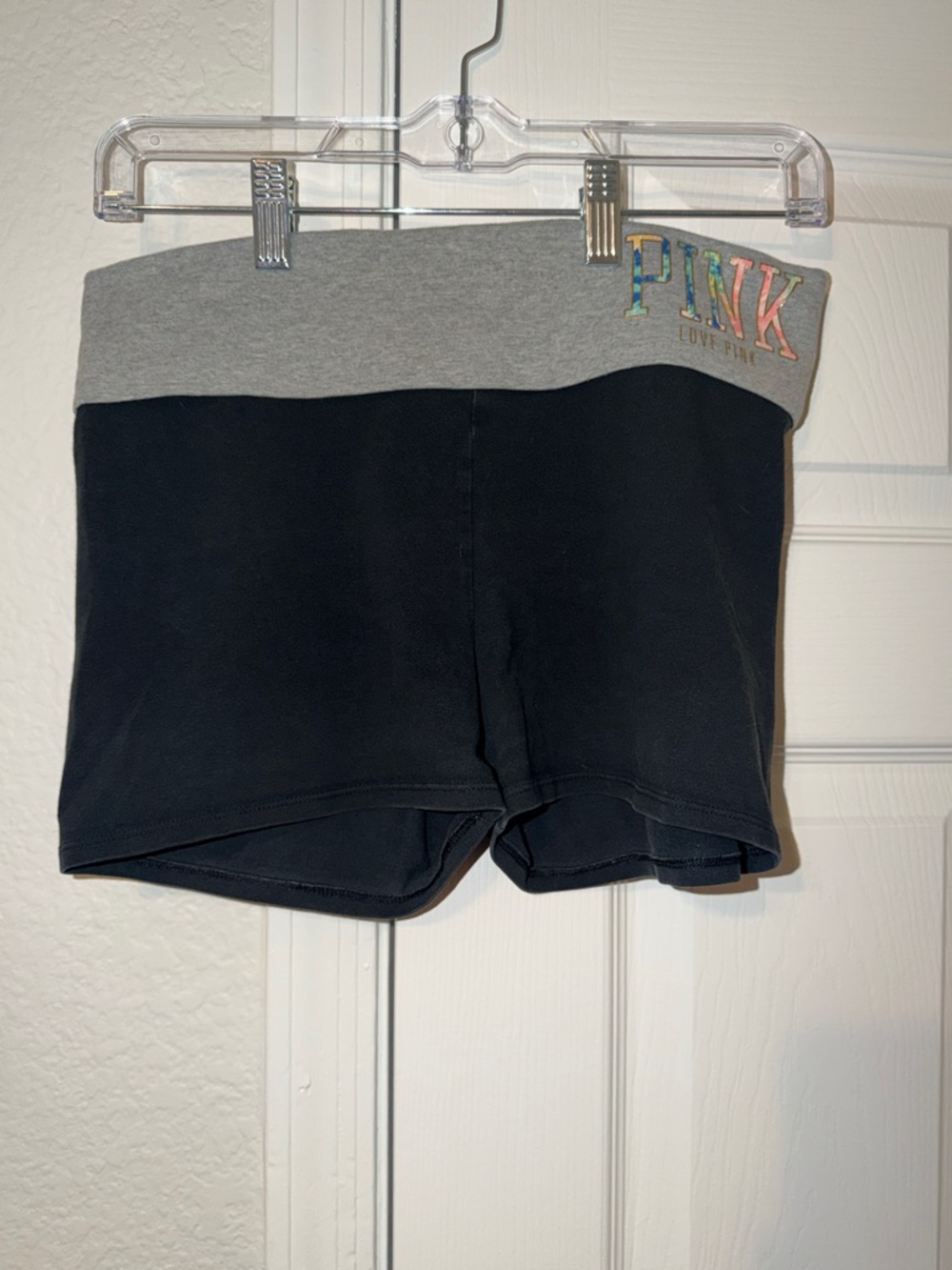 Victoria's Secret PINK Black Shorts with Gray Waistband and Multicolor Logo